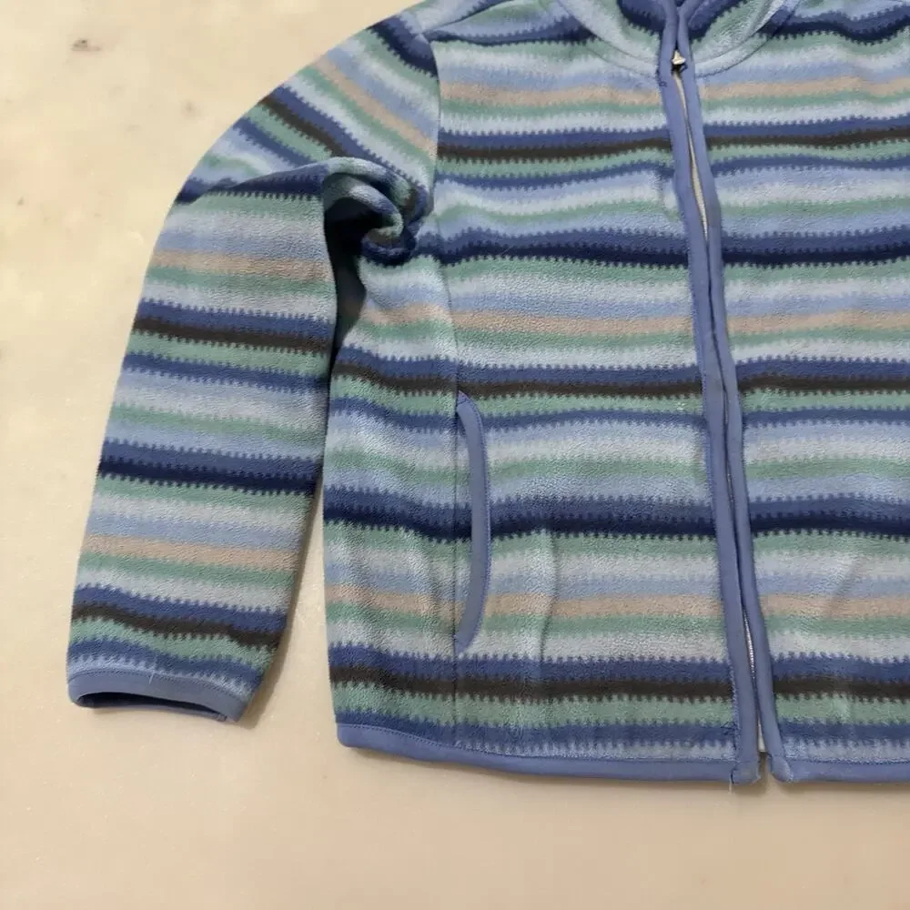 Uniqlo Kid's 7-8 Fleece Jacket Striped Blue Full Zip Mock Neck Pocket Outerwear